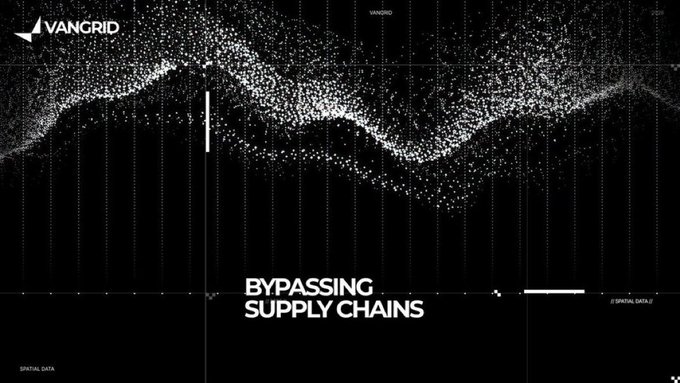 A black and white digital art graphic titled 'BYPASSING SUPPLY CHAINS' by VANGRID, featuring wave-like data visualizations.