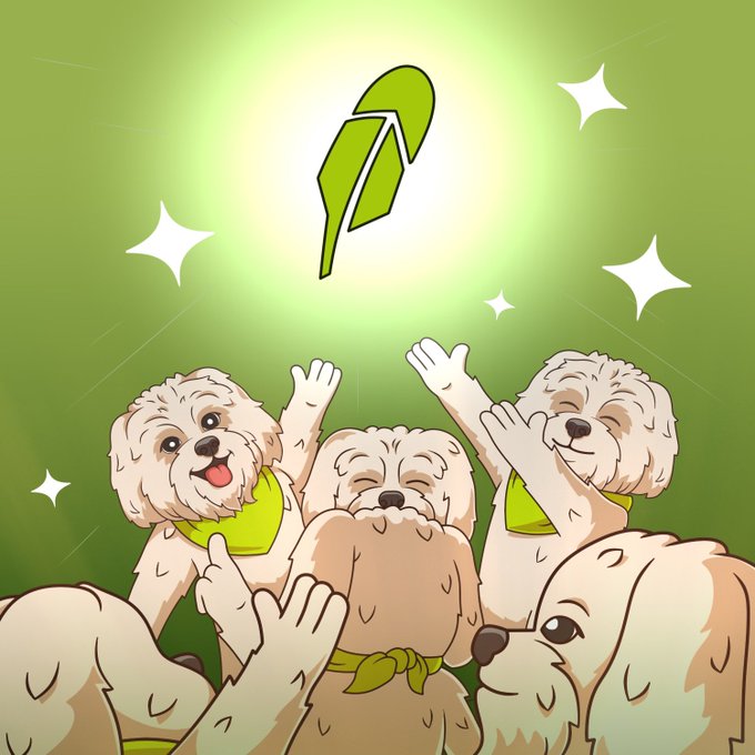 A cartoon illustration of fluffy dogs wearing green bandanas cheering and raising their paws toward a glowing green leaf-like logo.
