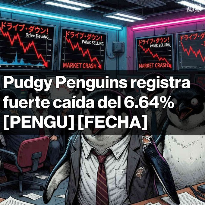 In the image, a cartoon penguin is sitting behind a desk with two other penguins that are also wearing suits. The scene appears to be set in a room featuring market graphs or stock charts, as indicated by the presence of multiple computer screens displaying trading information on an economic chart with red and green markers.