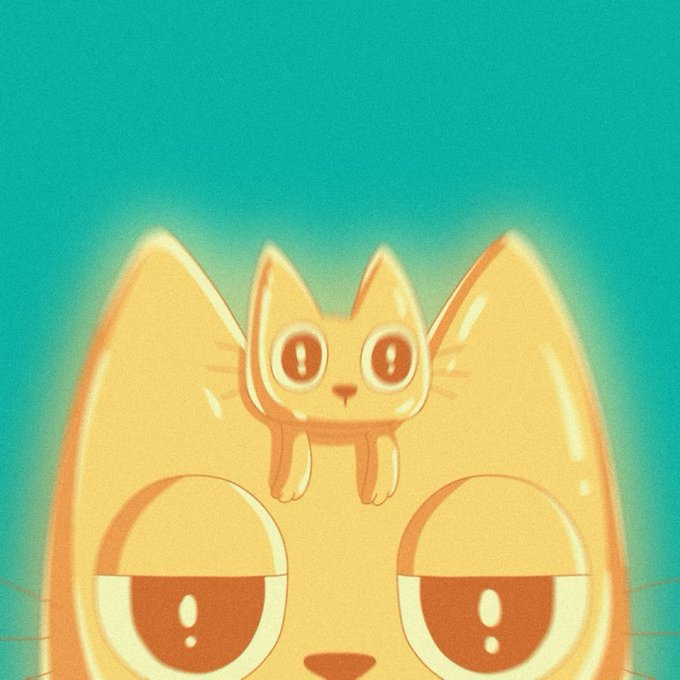 A digital illustration showing a small orange kitten with large eyes perched atop the head of a larger, similarly colored cat, set against a teal background.