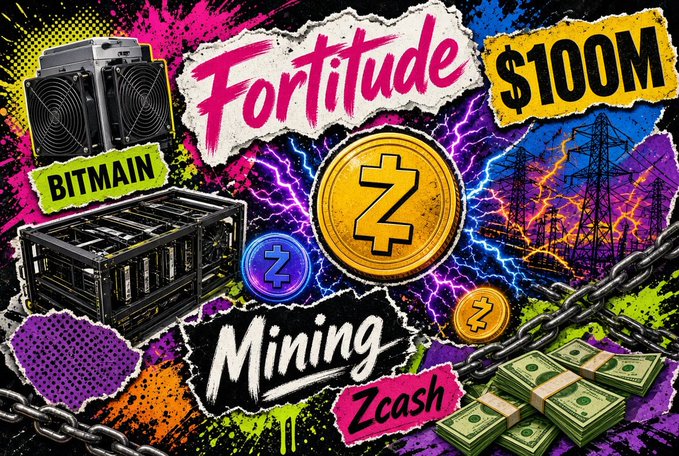 Colorful graffiti-style promotional graphic for "Fortitude" Zcash Mining featuring "BITMAIN" mining hardware, a gold Zcash coin, "$100M" text, electric power lines, and stacks of cash money.