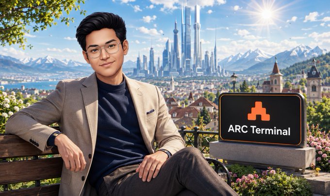 An AI-generated image of a smiling young man with glasses sitting on a bench, with a futuristic city skyline in the background and a prominent sign reading 'ARC Terminal'.