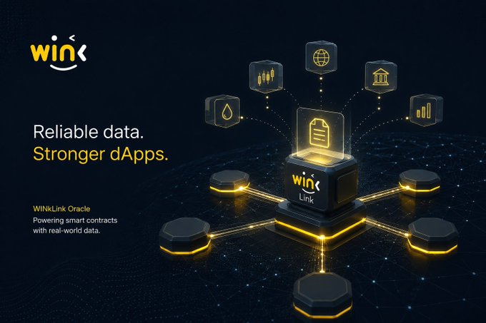 An advertisement for WinkLink Oracle featuring the tagline 'Reliable data. Stronger dApps.' and 'WINkLink Oracle Powering smart contracts with real-world data.'