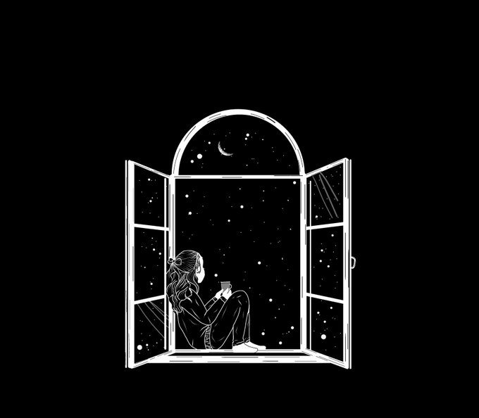 A black and white line-art illustration shows a girl with long hair sitting on an open arched window sill, holding a mug while gazing at a starry night sky with a crescent moon.