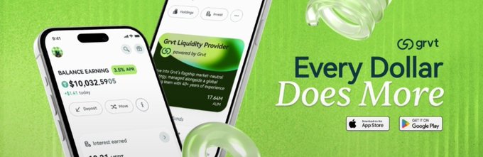 A bright green Grvt promotional banner reads “Every Dollar Does More” alongside app-store badges, with phone mockups showing a Grvt balance and liquidity-provider screen. The graphic relates to Grvt’s completed buyback and burn, in which 1.1 million $GRVT—nearly 1% of the circulating supply—was permanently removed from circulation.