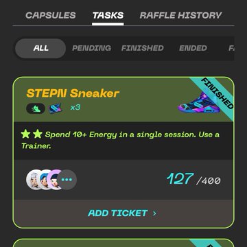 The image presents a screenshot of a cellphone's screen that displays an app called "Stepin Sneaker" with three tasks lined up at the top, including one titled "Add ticket." The background color appears to be green or gray, and there is text in the middle of the screen which reads "Stepin Sneaker finished. Ran out of energy in a single session. Use a trainer. Spend 40+ energy in a single session. Use a trainer".