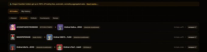 A cryptocurrency marketplace interface showing trade listings for 'Bitcoin Stamps' and 'Dragon Guardians' NFT collections, with a banner noting 'Dragon Guardian holders get up to 100% off trading fees, automatic, excluding aggregated sales.'