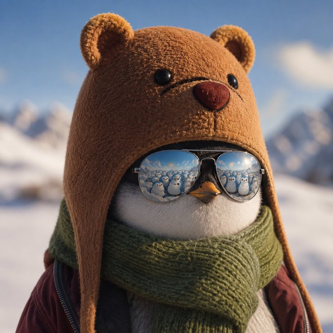 A whimsical penguin wearing a brown fuzzy bear hat, green scarf, and aviator sunglasses reflecting a snowy landscape with penguins.