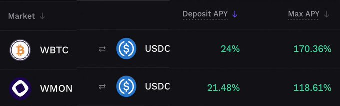 A cryptocurrency exchange interface showing WBTC ↔ USDC at 24% deposit APY and 170.36% max APY, and WMON ↔ USDC at 21.48% deposit APY and 118.61% max APY.