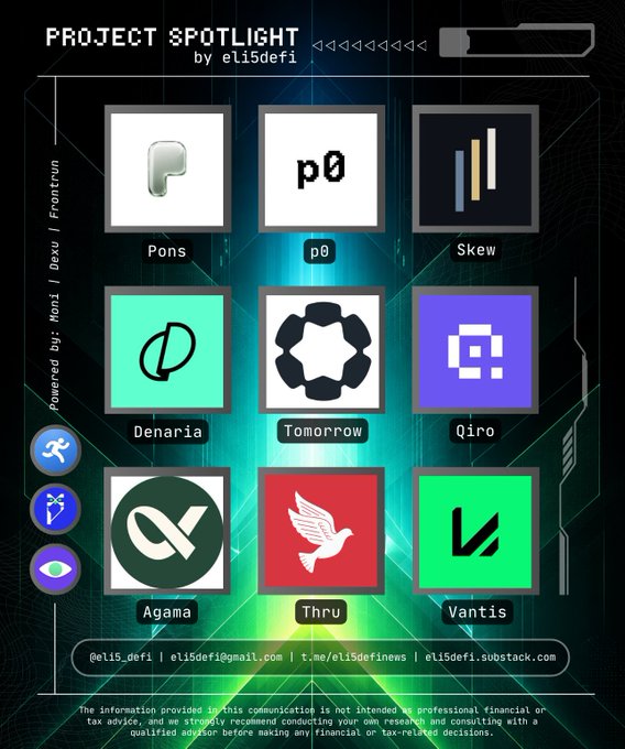 A 'PROJECT SPOTLIGHT by eli5defi' poster displaying a grid of 9 cryptocurrency project logos including Pons, p0, Skew, Denaria, Tomorrow, Qiro, Agama, Thru, and Vantis.