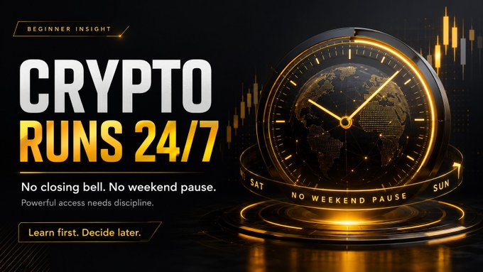 A bold promotional graphic titled "CRYPTO RUNS 24/7" features a glowing gold clock encircling a digital globe, with surrounding text emphasizing "No closing bell. No weekend pause," "Learn first. Decide later," and "NO WEEKEND PAUSE" on the clock's base—visually reinforcing the post's message that cryptocurrency markets operate continuously, unlike traditional exchanges with fixed trading hours.