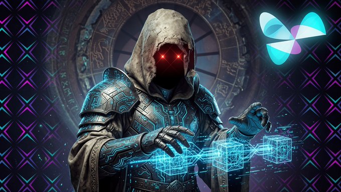 A hooded, cybernetic figure with glowing red eyes and futuristic armor manipulates glowing blue blockchain cubes, with a logo in the top right corner.