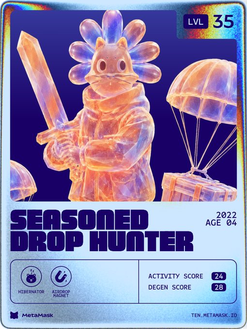 Digital trading card titled 'SEASONED DROP HUNTER' at LVL 35 from 2022, featuring a translucent figure with a sword and parachute, with Activity Score 24 and Degen Score 28, branded with MetaMask.