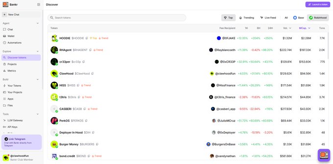A screenshot of the Bankr token discovery page showing trending tokens like $HOODIE, ShAgent, rvt3per, CleanHood, SHSS, and 1Bnb with their prices, market caps, and 24-hour changes.