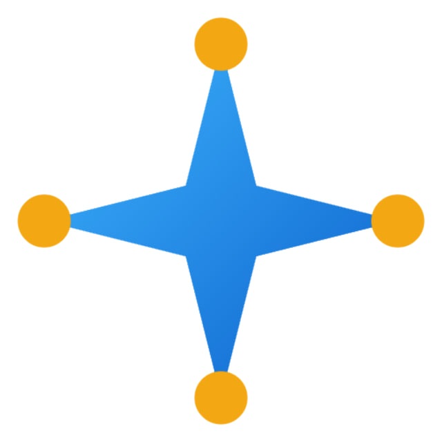 A blue four-pointed star logo with orange/yellow circular endpoints on each tip.