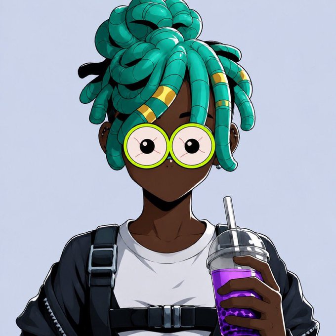 A digital illustration of an anime-style character with teal tentacle-like hair, large yellow-rimmed glasses, holding a purple beverage with a straw.