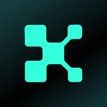 A teal-colored logo resembling a circuit or network pattern on a dark background.