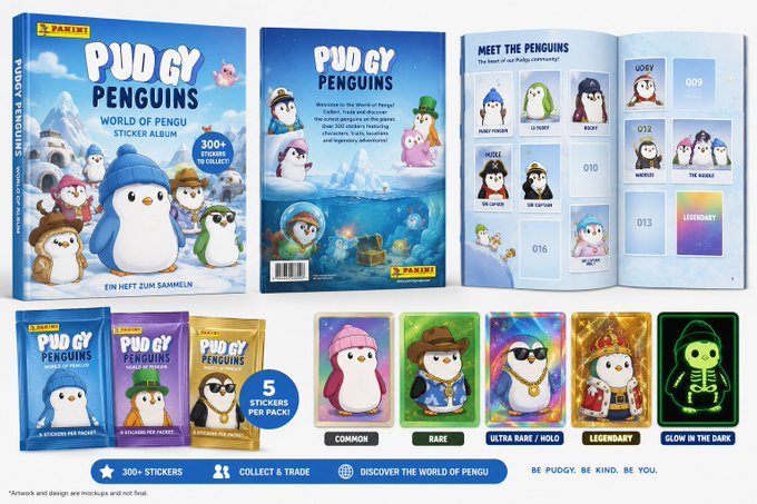 Product mockup for 'PUDGY PENGUINS WORLD OF PENGU STICKER ALBUM' by Panini, featuring a blue album cover, sticker packs, and collectible cards ranging from Common to Legendary and Glow in the Dark rarities.