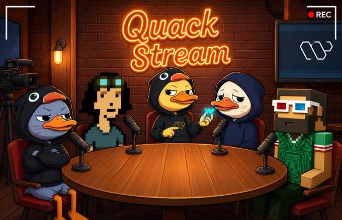 The image features a cartoon scene of five cartoon ducks sitting around a table, with one duck holding an object that appears to be a microphone or a camera. The ducks are wearing costumes, which adds to the whimsical nature of the scene. In the background, there is a TV screen visible, suggesting that this might be taking place in a room where they are being recorded for a show or movie.