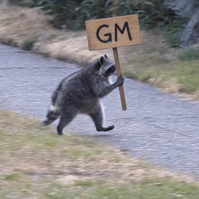 A raccoon walks down a path holding a sign that says "GM". The image directly relates to the "GM fam" post by personifying the "GM" greeting.