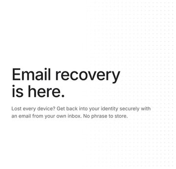 The image shows a white background with black text that reads "Email Recovery is here." The text is written in a block style font. Below this text, there are two lines of code that explain how to recover emails using a tool called "@dfinity". This message seems to be related to the topic of email recovery and identity theft prevention.