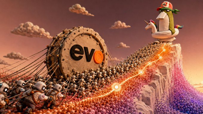 A surreal 3D-rendered scene features a large wooden drum labeled 'evo' with crowds of small astronauts marching up a rocky, colorful terrain toward a figure riding a unicorn wearing a red cap.