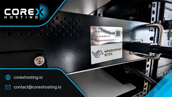 A promotional graphic for 'COREX HOSTING' featuring close-up equipment including a whatsminer M7DS label, with website 'corexhosting.io' and email 'contact@corexhosting.io' displayed at the bottom.