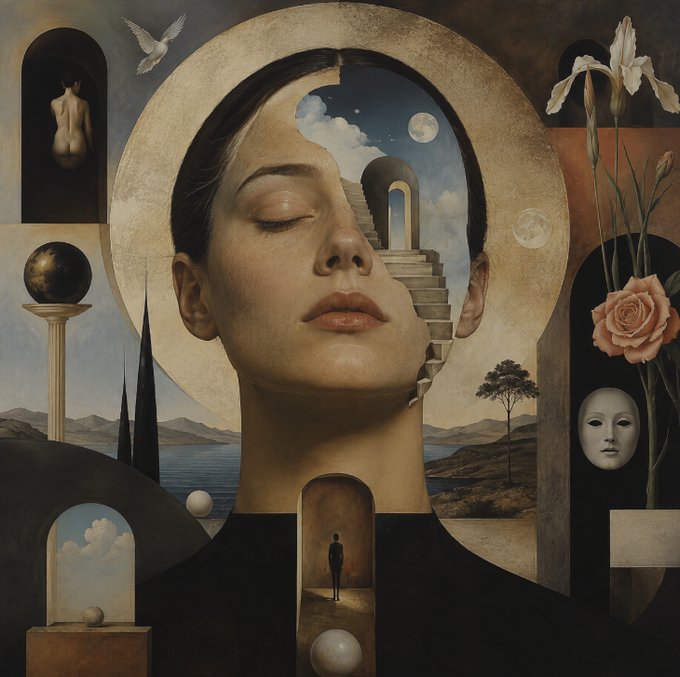 A surreal, Renaissance-inspired digital artwork featuring a woman's serene face as the centerpiece, surrounded by symbolic elements including staircases leading to arches, a crescent moon, a dove, a mask, flowers, and a small figure in a doorway.