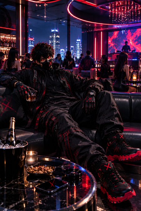 A stylized cyberpunk character lounging on a black leather couch in a neon-lit lounge with a city skyline view, holding a drink, wearing a black and red outfit with gloves and chunky sneakers.