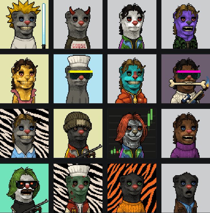 The image features a grid of 16 different animal characters from various cartoon series or movies, each with unique facial expressions and hairstyles. The animals are arranged in four rows and four columns against a black background. The text "The Great Migration @BTC_MONG Day 1: Origin The year was 2021. Ethereum was wild. Jon Trafford dropped 6,969 pixel mongooses into the void. They weren't cute. They were CHAOS, pizza-slamming, lightsaber-wielding, degen gremlins who only cared about vibes and friendship." is written in white text at the bottom of the image.