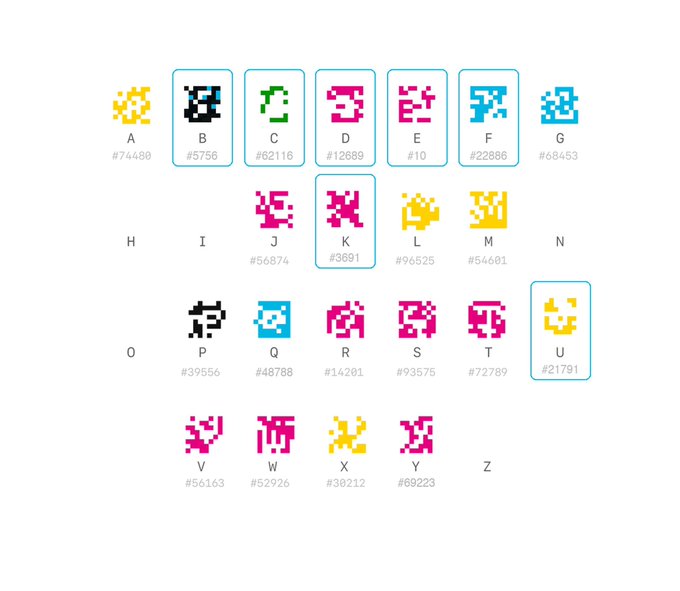A pixelated Space Invaders-style alphabet chart where each letter is styled as a retro game alien in different colors.
