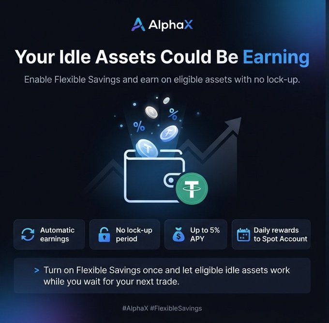 An AlphaX promotional graphic for 'Flexible Savings' advertising up to 5% APY, automatic earnings, and daily rewards with no lock-up period.