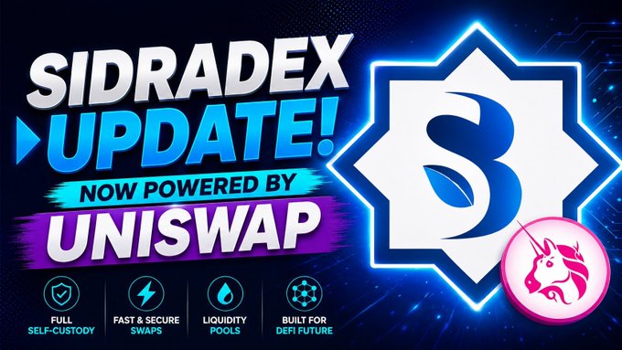 A promotional graphic announces the "SIDRADEX UPDATE! NOW POWERED BY UNISWAP," featuring a glowing blue and white logo with a pink unicorn mascot, highlighting features like "FULL SELF-CUSTODY," "FAST & SECURE SWAPS," "LIQUIDITY POOLS," and "BUILT FOR DEFI FUTURE." The vibrant design visually reinforces the post's message about Sidra Dex's upgraded, decentralized trading experience.