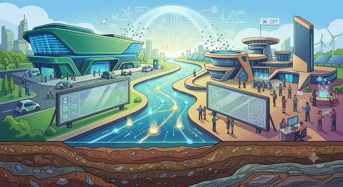 An illustration of a futuristic city with modern buildings, technology hubs, and a flowing blue digital river representing innovation.