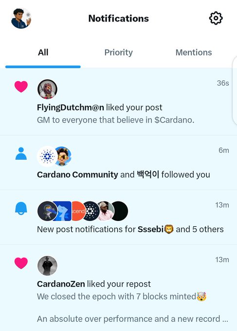 A mobile app screenshot of a 'Notifications' page showing interactions like 'FlyingDutchman liked your post', a follow from 'Cardano Community and 백억이', and other engagement related to Cardano and 'Sssebi'.