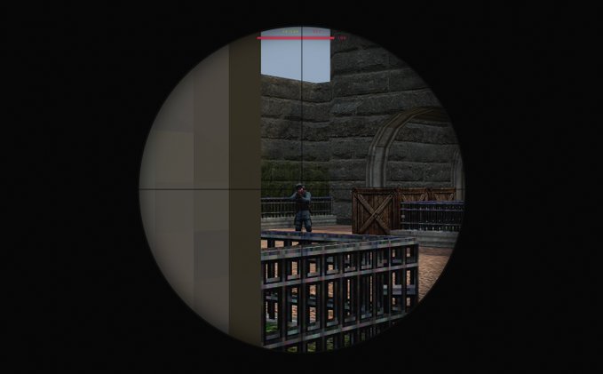 A first-person view through a sniper scope in a video game, with crosshairs aimed at a distant character standing near wooden crates and doors on a stone platform. The image serves as a promotional graphic for a "drop your $SOL wallets" giveaway, using the gameplay aesthetic to attract attention to the crypto reward announcement.