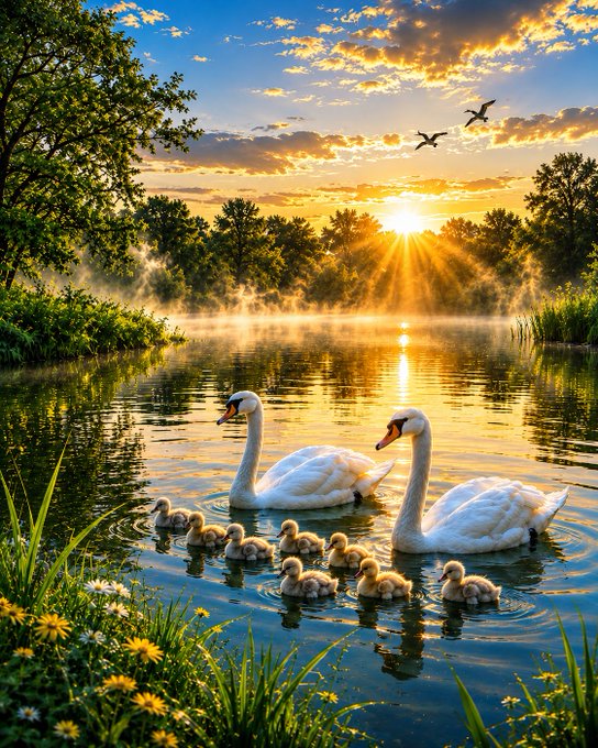 𝕏 family of swans swimming together, surrounded by trees and flowers, creating a serene atmosphere. The sun is rising over the water, casting a warm glow that illuminates the scene. The post encourages people to appreciate the small moments in life and be there for their loved ones as they navigate through challenges or celebrate joyous occasions.