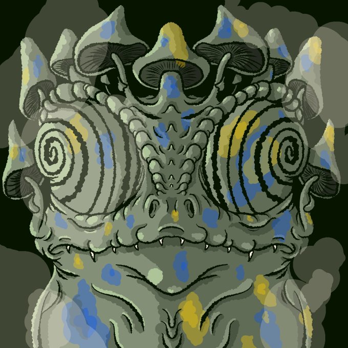 A symmetrical, surreal digital artwork of a grotesque greenish face with swirling spiral eyes, multiple small mushrooms growing on its head, blue and yellow spots, and sharp teeth.
