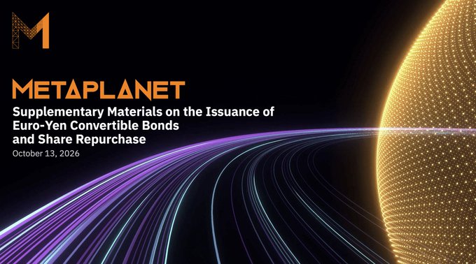 A professional presentation slide for METAPLANET titled 'Supplementary Materials on the Issuance of Euro-Yen Convertible Bonds and Share Repurchase,' dated October 13, 2026, featuring the company's gold 'M' logo against a dark background with a stylized golden globe and purple light trails.