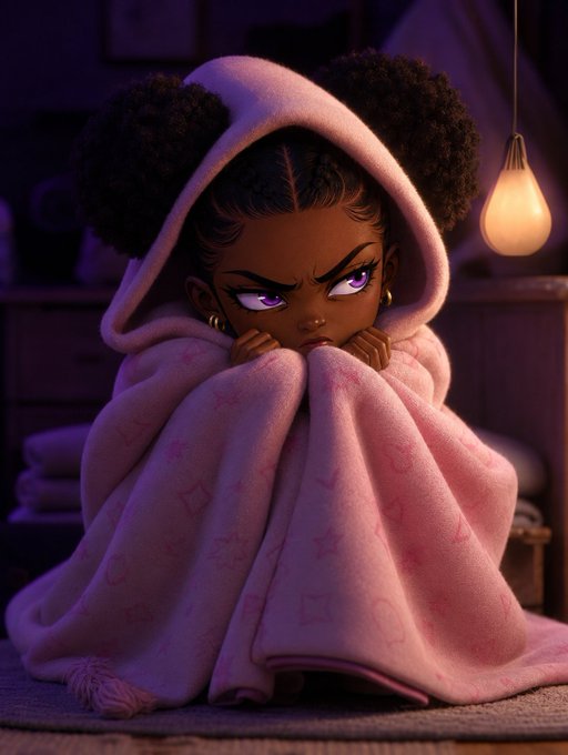 A stylized 3D animated character of a young girl with purple eyes and pigtail buns wrapped snugly in a pink star-patterned blanket, appearing grumpy in a dimly lit room.