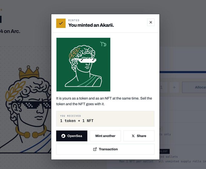 A 'MINTED' confirmation popup reading 'You minted an Akarii,' showing a green NFT of a classical figure with pixel sunglasses, with options to 'OpenSea,' 'Mint another,' and 'Share,' noting receipt of '1 token + 1 NFT.'