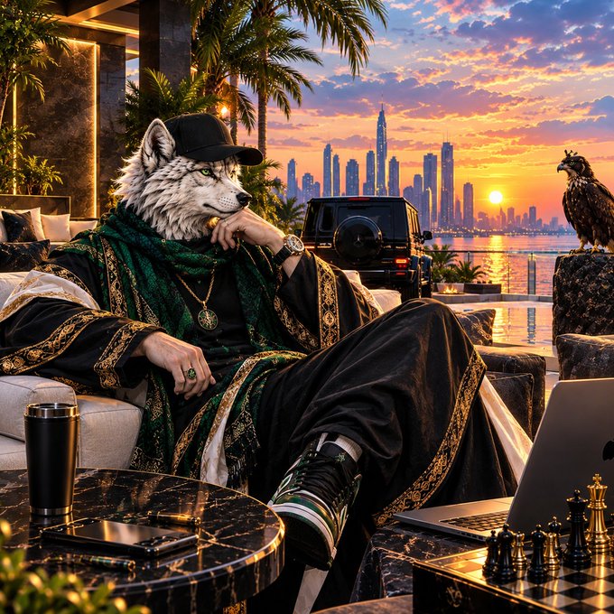 A digital illustration of an anthropomorphic wolf dressed in luxurious black and gold robes, sitting in a lavish room with a sunset cityscape and an eagle in the background.