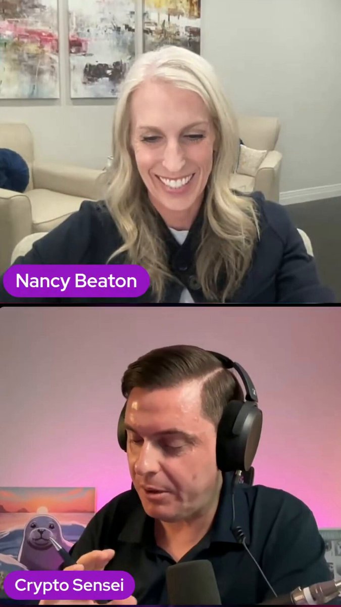 The image shows two people talking into microphones, with one person wearing headphones while they converse. The text in the image reads "Uphold wants to be a launch partner for XLS-66 During today's livestream, I asked Nancy Beaton from @UpholdInc about Ripple, RLUSD, and where Uphold sees the XRP Ledger heading next". This suggests that the conversation is related to Ripple cryptocurrency or the Ripple Ledger.