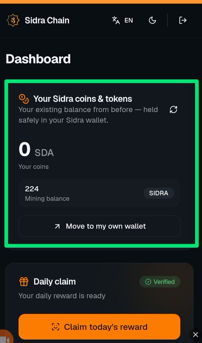 A mobile app dashboard screenshot from 'Sidra Chain' showing the user's balance section with 0 SDA coins and 224 SIDRA mining balance, along with a 'Daily claim' section featuring an orange 'Claim today's reward' button.