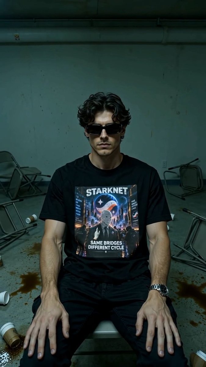 A young man with dark hair and sunglasses sits wearing a black t-shirt with a 'STARKNET SAME BRIDGES DIFFERENT CYCLE' graphic, in a dimly lit room with scattered chairs and coffee cups.