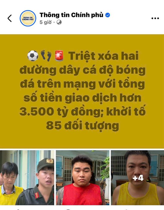 The user wants a concise caption describing the image and its relation to the provided text.

1.  **Analyze the Image:**
    *   **Header:** "Thông tin Chính phủ" (Government Information) with a verified checkmark. This suggests an official or semi-official source, likely law enforcement or government announcement.
    *   **Main Text (Yellow Background):**
        *   "Triệt xóa hai đường dây cá độ bóng đá trên mạng với tổng số tiền giao dịch hơn 3.500 tỷ đồng; khởi tố 85 đối tượng"
        *   Translation: "Completely eradicated two football betting networks with a total transaction amount of over 3,500 billion VND; prosecuted 85 individuals."
        *   Emojis: Soccer ball, footprints, red star (likely indicating a crime/law enforcement context).
    *   **Images at the bottom:** Three photos of men. These appear to