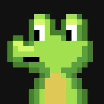 A pixel art image of a green frog character with a small smile and large eyes against a black background.