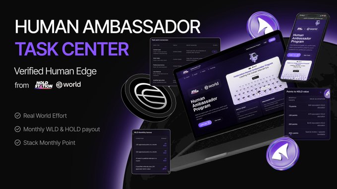 The image features a laptop computer with a mouse, along with several other devices such as cell phones and tablets. The background of the image is black, which contrasts with the purple elements surrounding the laptop. The text displayed on the image reads "Human Ambassador Task Center" followed by "Verified Human Edge from @worldnetwork & @HoldstationW". This suggests that the image might be promoting a task management system or software designed for human ambassadors to manage their tasks and payments efficiently.