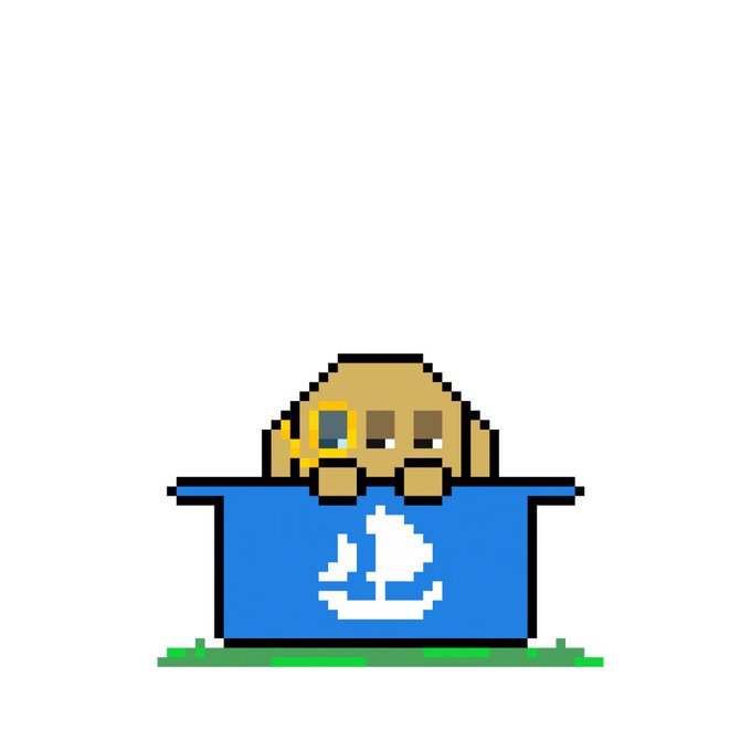 Pixel art illustration of a blonde character peeking out of a blue box with a white sailboat logo, sitting on a patch of green grass.