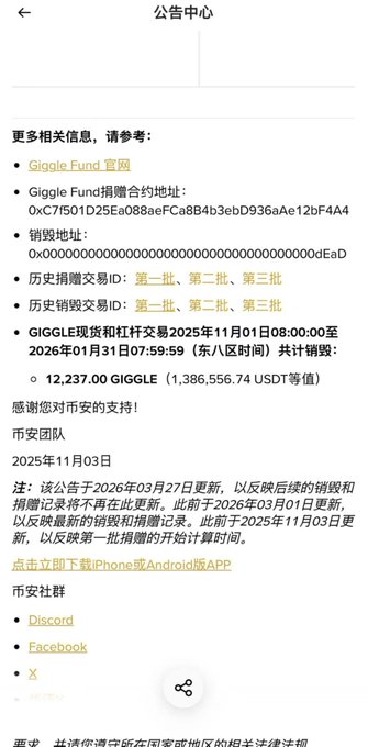 A Chinese-language announcement regarding Giggle Fund, providing contract addresses and token sale information dated November 1, 2026, with a token sale of 12,237.00 GIGGLE (1,386,556.74 USDT equivalent).